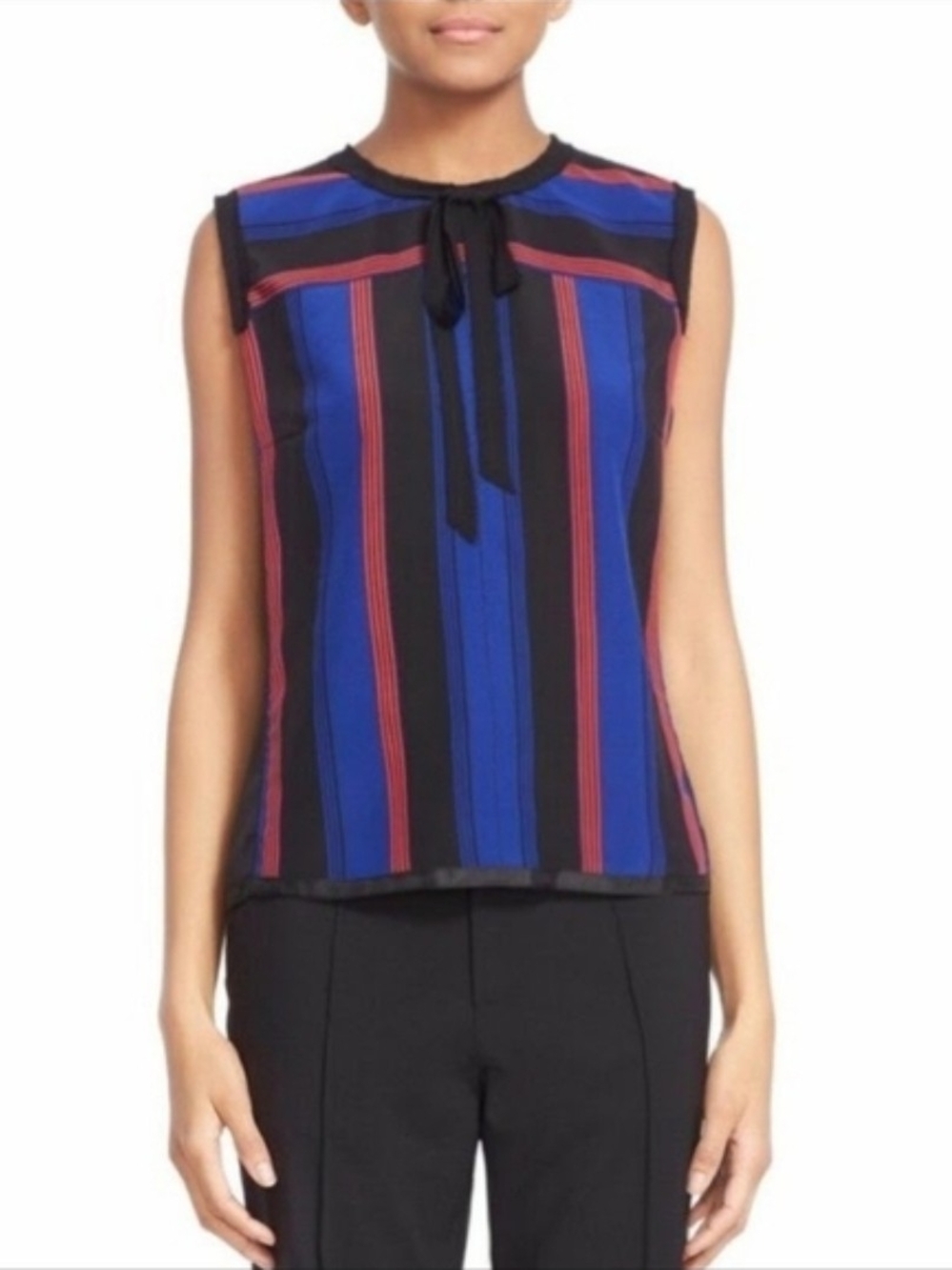 Marc Jacob Silk Sleeveless Striped Tie-Neck Top in Blue and Black Size 0